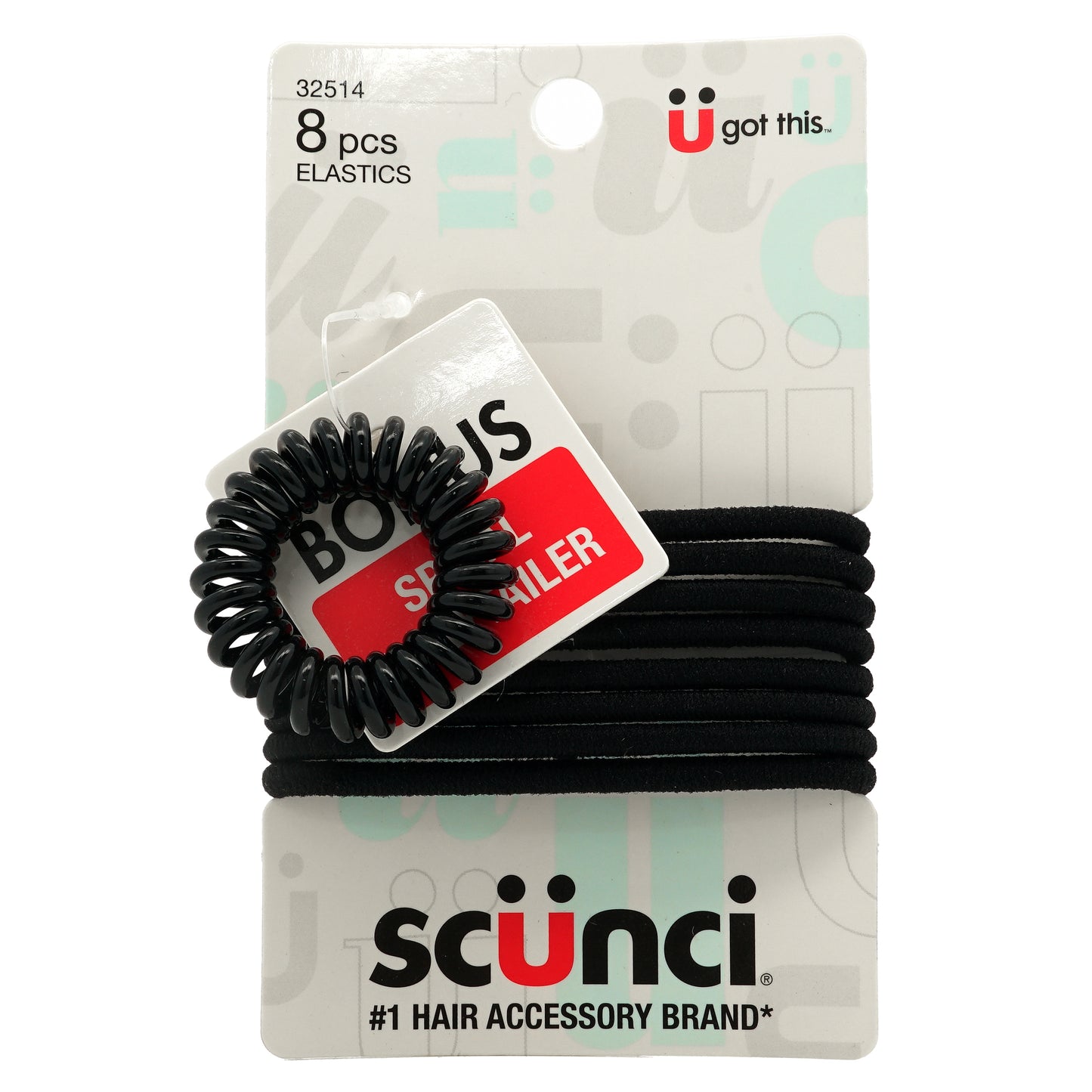 Scunci 8pc Black Elastic with Bonus Spiral Ponytail Holder