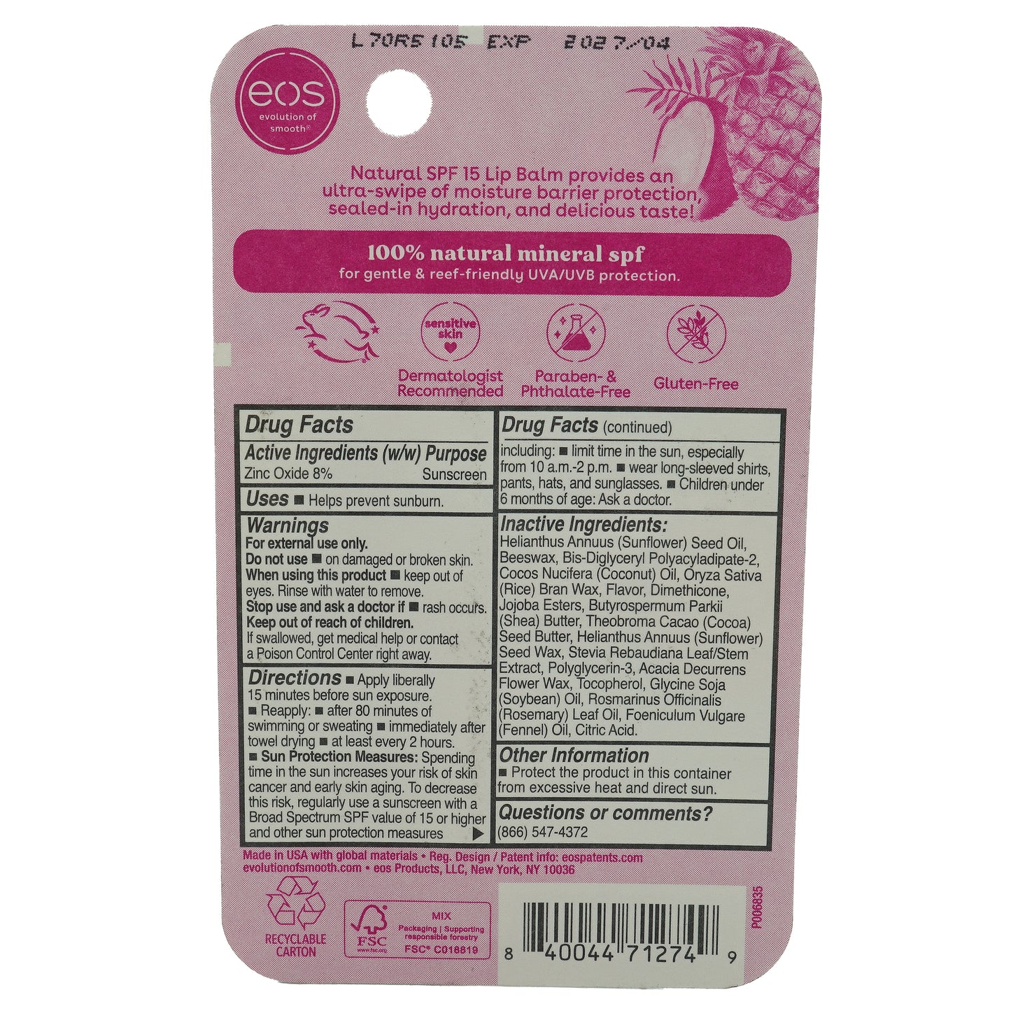 EOS SPF 15 Natural Pineapple Coconut Lip Balm 0.14OZ